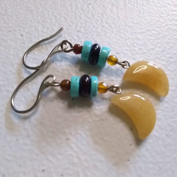 Southwestern & Boho Vibes! Long Moon Danglers! Aventurine Howlite + Agate Beads - Picture 4 of 12